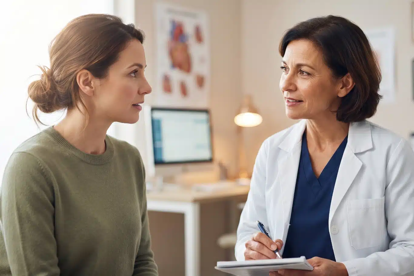female provider in white lab coat consulting with female patient in medical office about Bioidentical Hormone Replacement Therapy